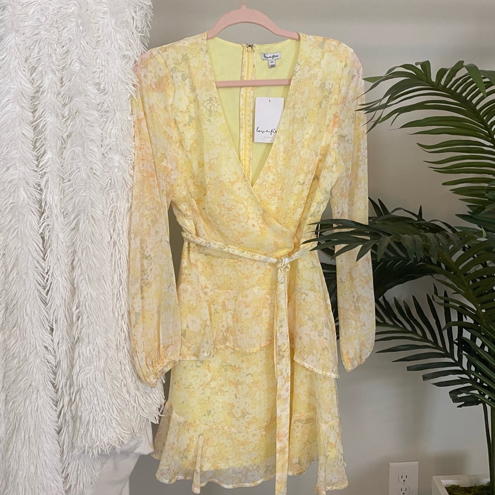 Love, Fire Floral Yellow Ruffle Long Sleeve Dress